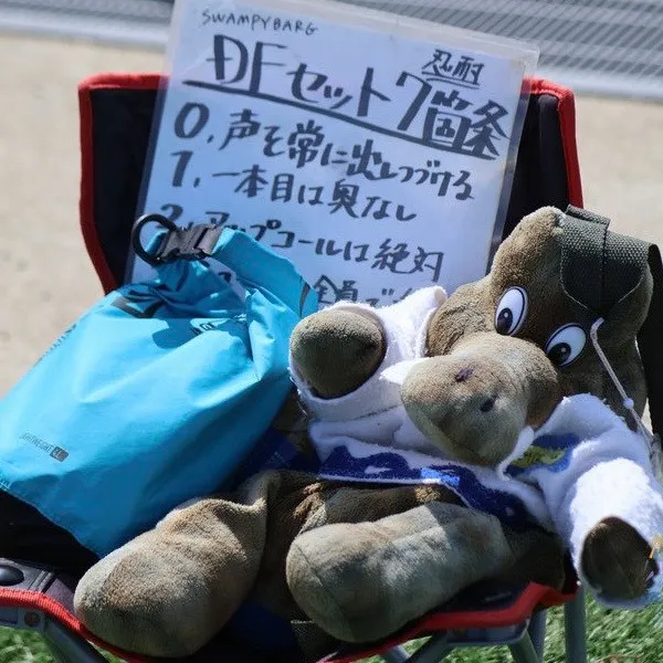 A plush mascot in the team jersey beside the handwritten “DF set: 7 rules”